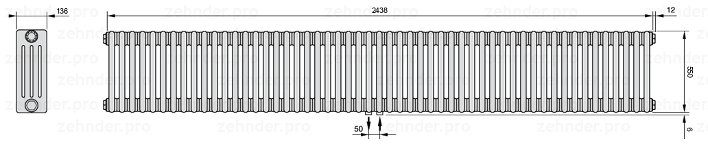 Схема (чертеж) Радиатор Zehnder Charleston 4055/53 №5410 Белый глянцевый RAL 9016